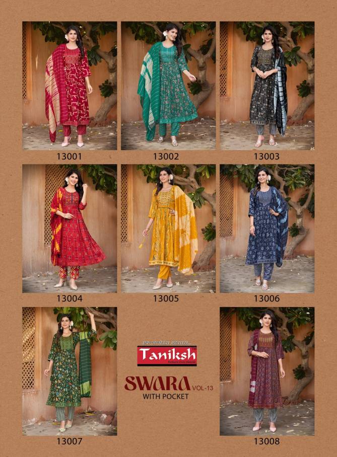 Swara Vol 13 By Taniksh Rayon Printed Embroidery Kurti With Bottom Dupatta Wholesale Online
